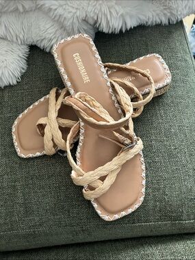 Cushionaire Braided Strap Sandals in Tan - Women's Slip-On Comfort Sandals